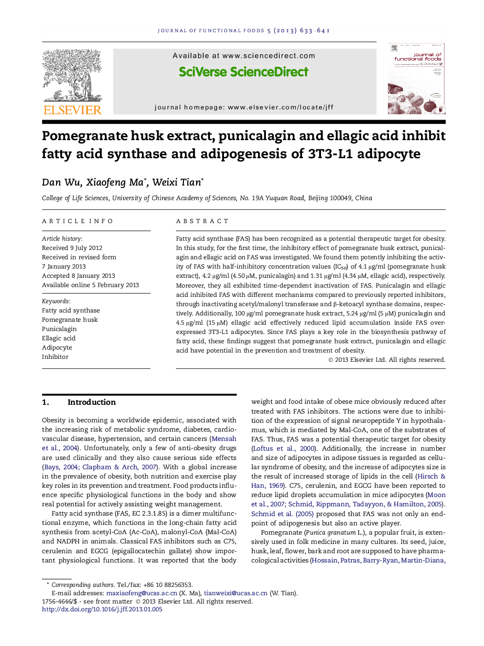 Pomegranate husk extract, punicalagin and ellagic acid inhibit fatty acid synthase and adipogenesis of 3T3-L1 adipocyte