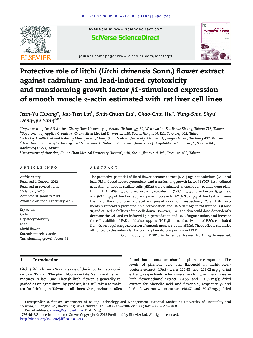 Protective role of litchi (Litchi chinensis Sonn.) flower extract against cadmium- and lead-induced cytotoxicity and transforming growth factor Î²1-stimulated expression of smooth muscle Î±-actin estimated with rat liver cell lines