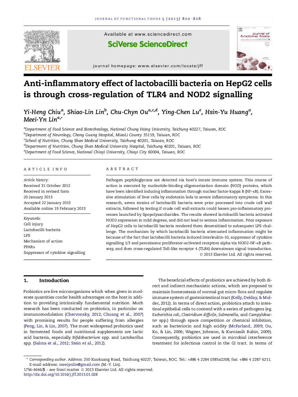 Anti-inflammatory effect of lactobacilli bacteria on HepG2 cells is through cross-regulation of TLR4 and NOD2 signalling