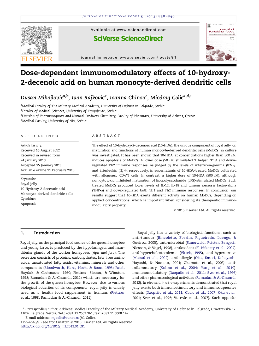 Dose-dependent immunomodulatory effects of 10-hydroxy-2-decenoic acid on human monocyte-derived dendritic cells