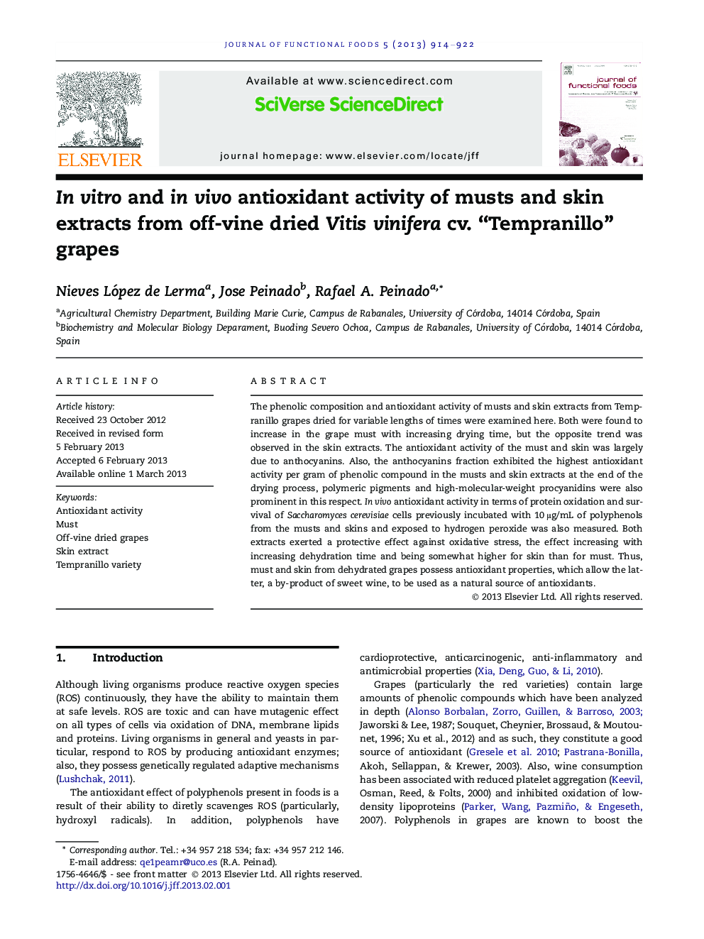 In vitro and in vivo antioxidant activity of musts and skin extracts from off-vine dried Vitis vinifera cv. “Tempranillo” grapes