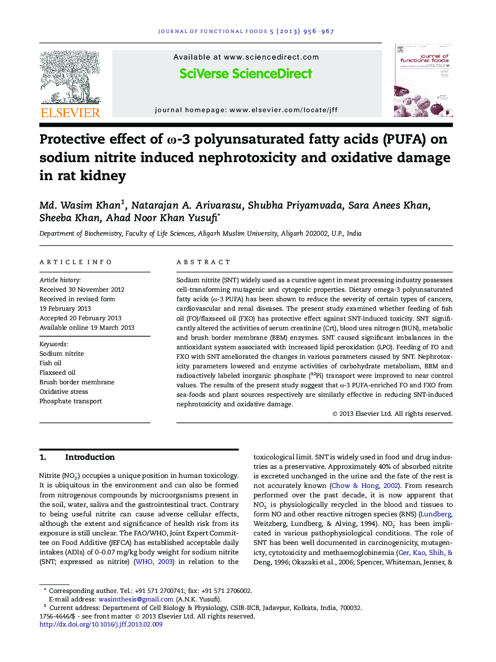 Protective effect of Ï-3 polyunsaturated fatty acids (PUFA) on sodium nitrite induced nephrotoxicity and oxidative damage in rat kidney