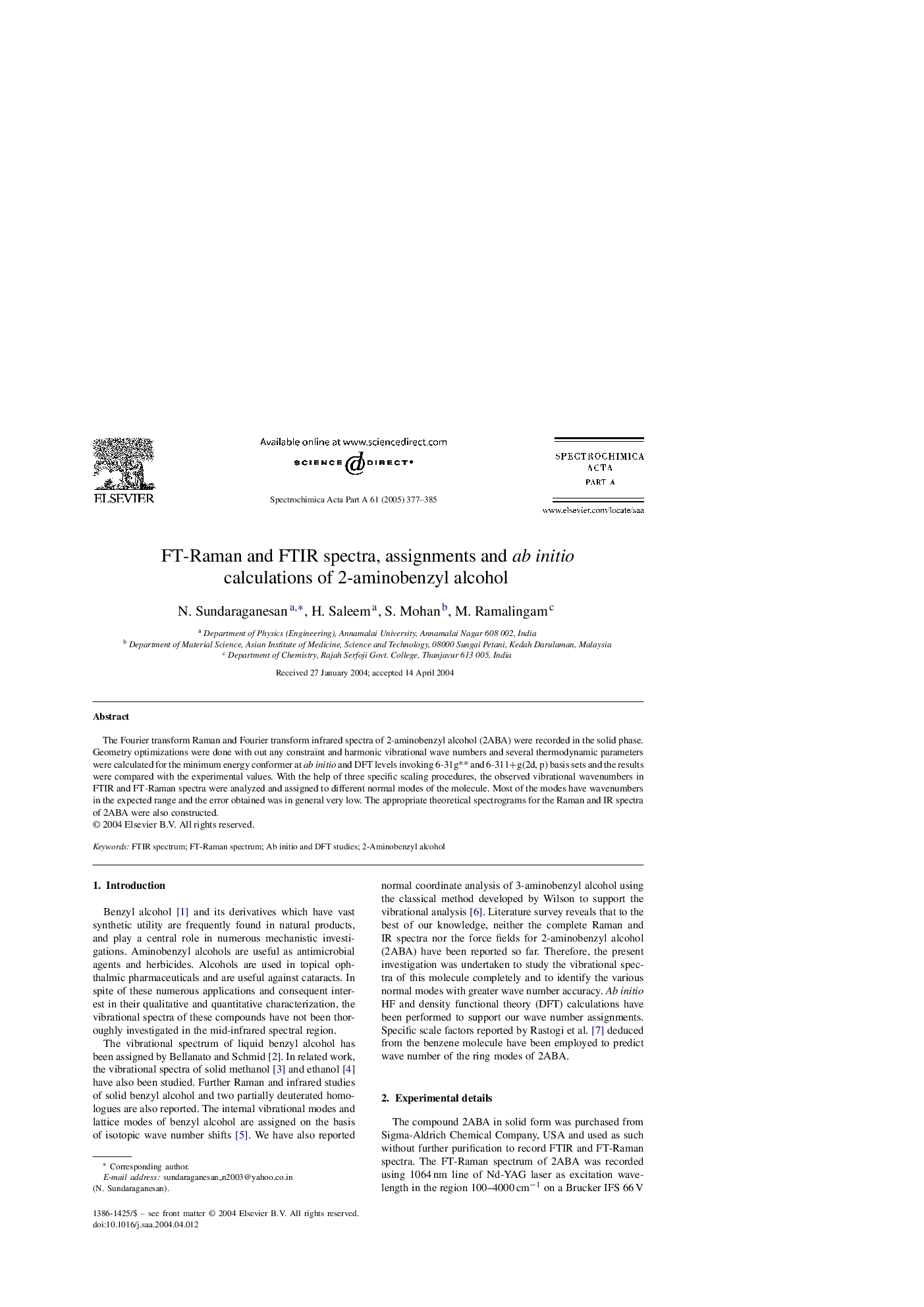 FT-Raman and FTIR spectra, assignments and ab initio calculations of 2-aminobenzyl alcohol