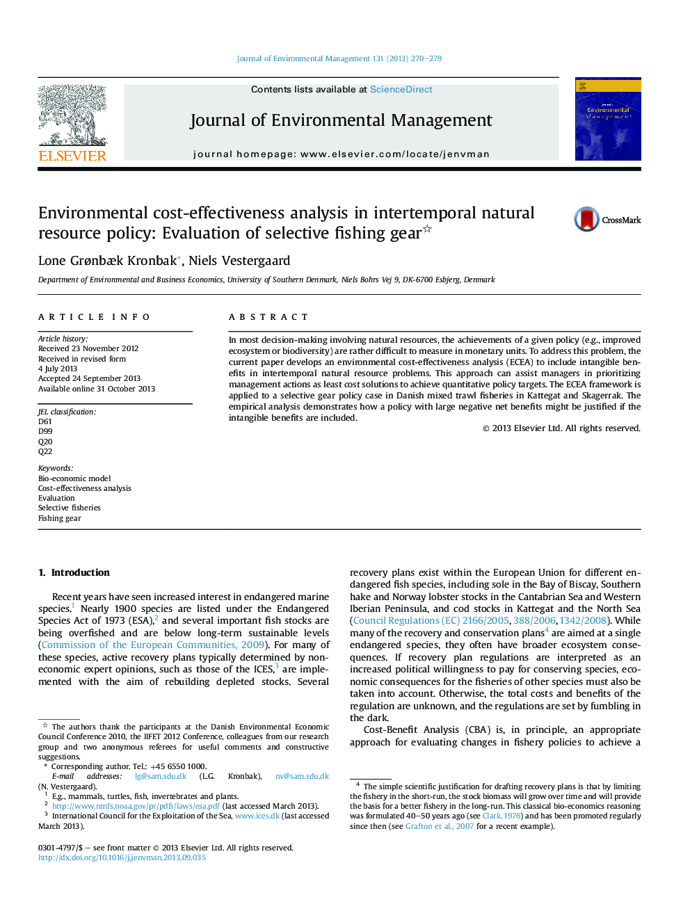 Environmental cost-effectiveness analysis in intertemporal natural resource policy: Evaluation of selective fishing gear 