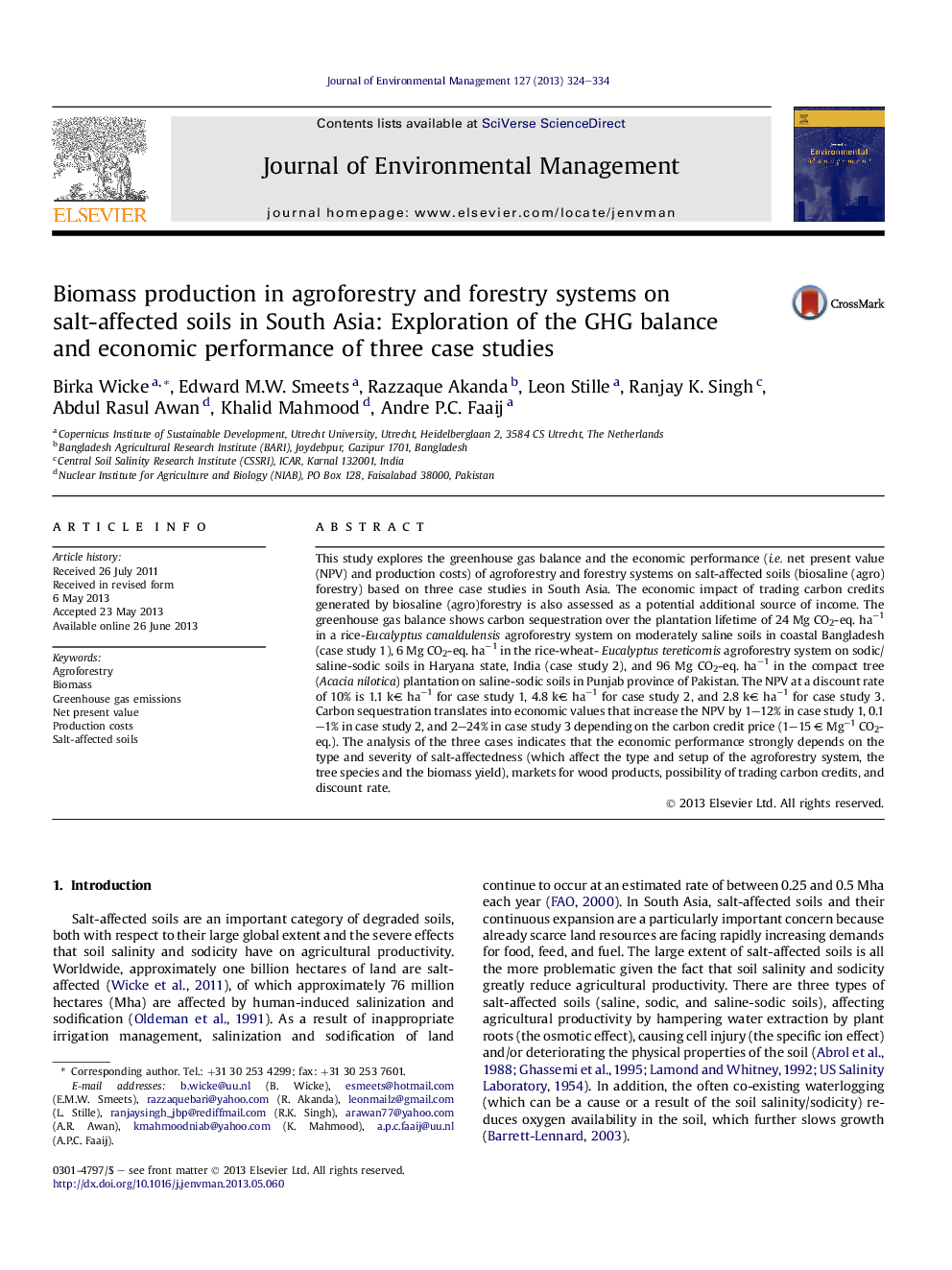 Biomass production in agroforestry and forestry systems on salt-affected soils in South Asia: Exploration of the GHG balance and economic performance of three case studies