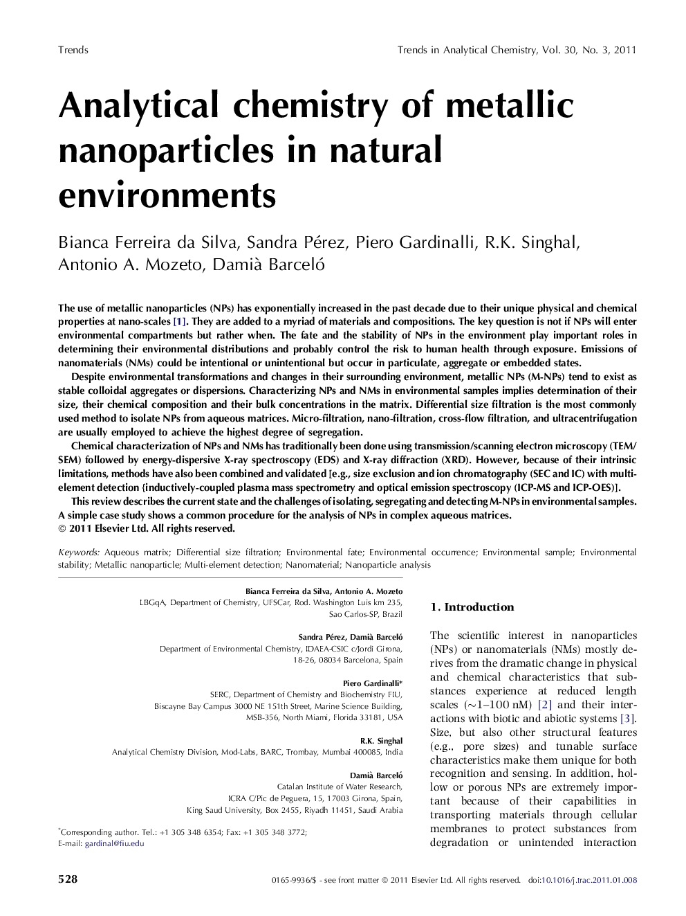 Analytical chemistry of metallic nanoparticles in natural environments