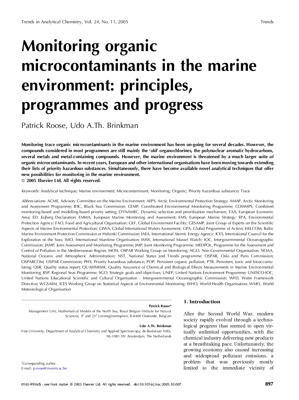 Monitoring organic microcontaminants in the marine environment: principles, programmes and progress
