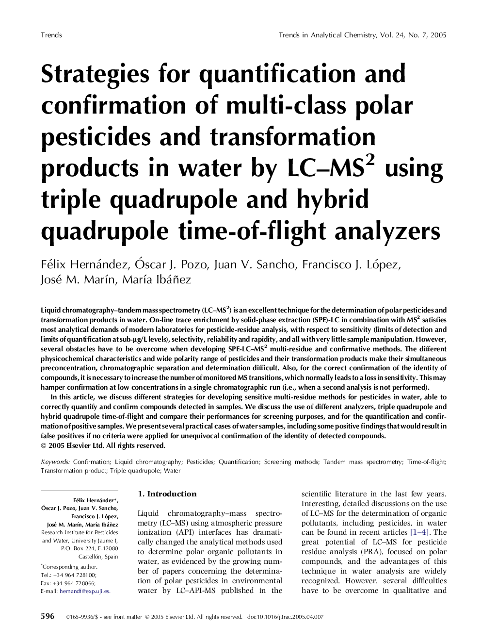 Strategies for quantification and confirmation of multi-class polar pesticides and transformation products in water by LC-MS2 using triple quadrupole and hybrid quadrupole time-of-flight analyzers