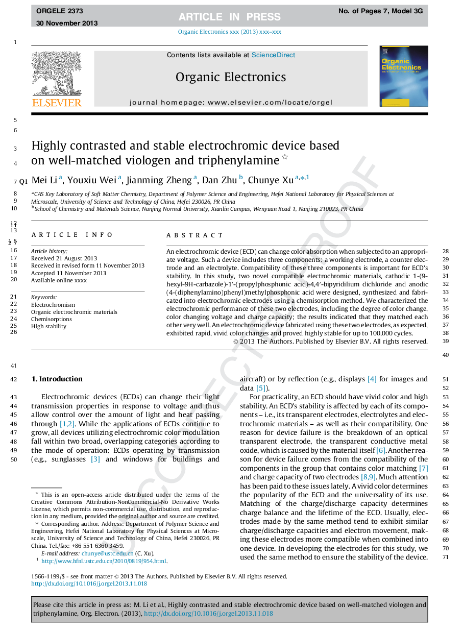 Highly contrasted and stable electrochromic device based on well-matched viologen and triphenylamine