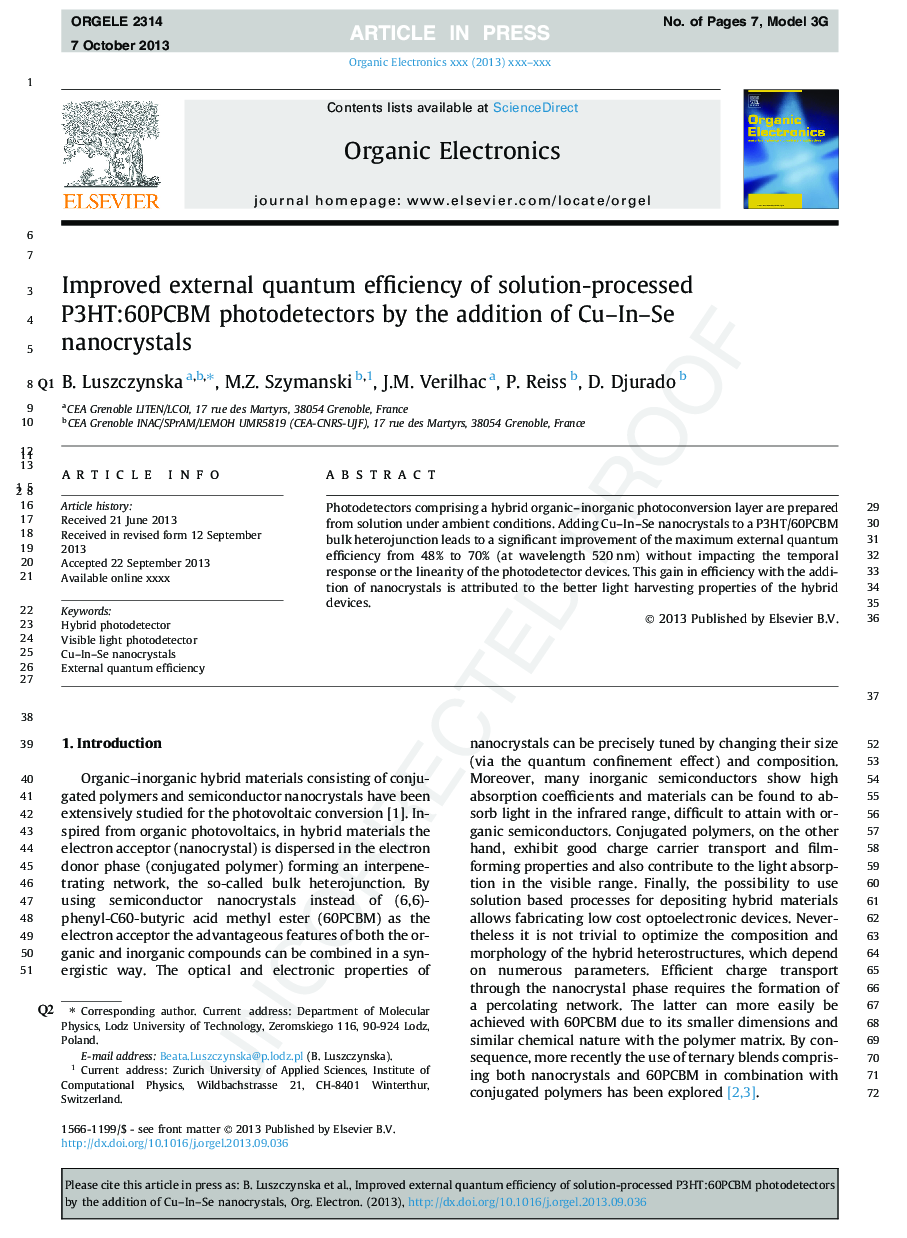 Improved external quantum efficiency of solution-processed P3HT:60PCBM photodetectors by the addition of Cu-In-Se nanocrystals