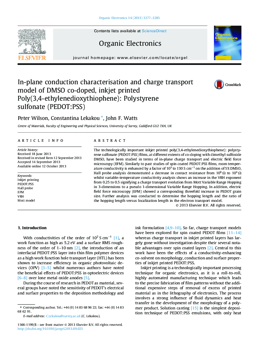 In-plane conduction characterisation and charge transport model of DMSO co-doped, inkjet printed Poly(3,4-ethylenedioxythiophene): Polystyrene sulfonate (PEDOT:PSS)