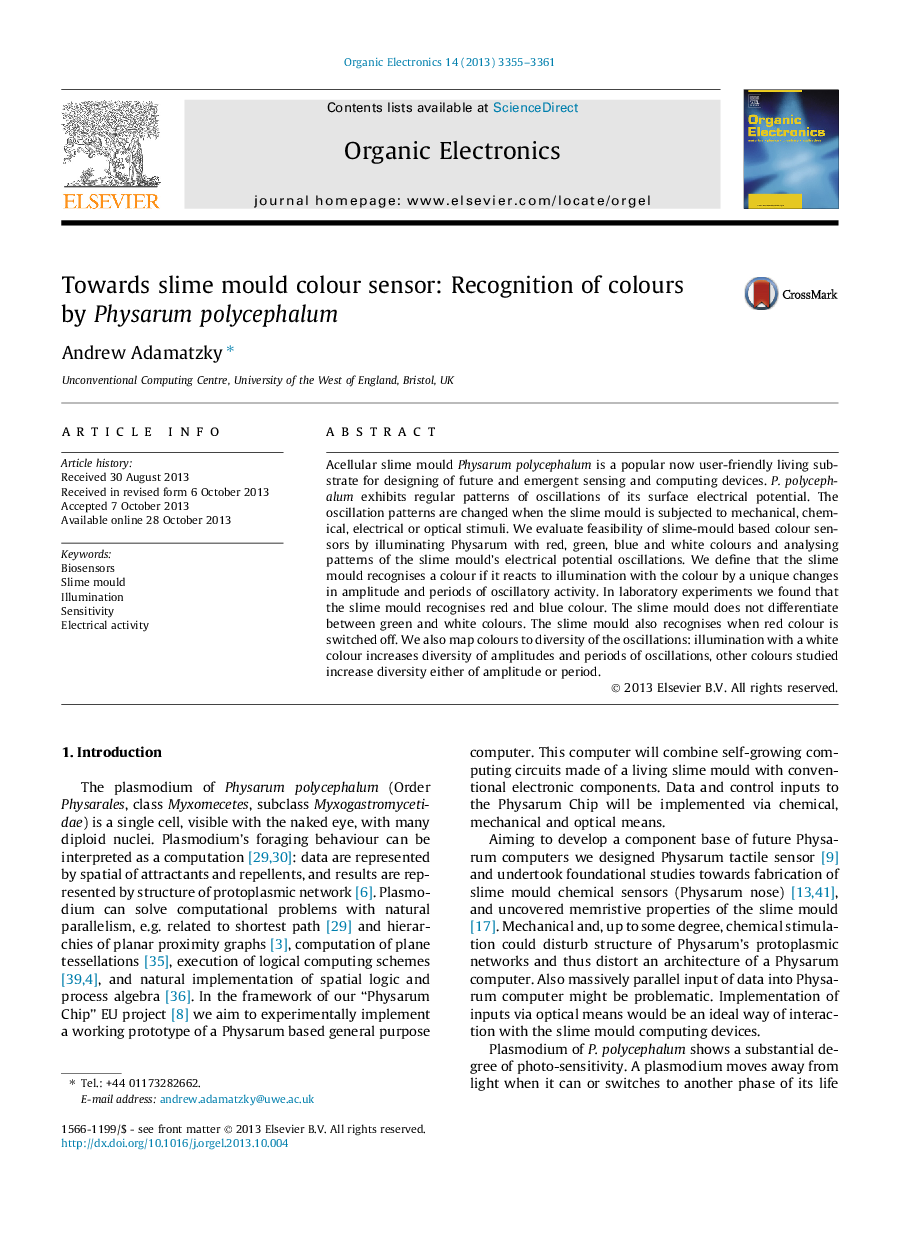 Towards slime mould colour sensor: Recognition of colours by Physarum polycephalum