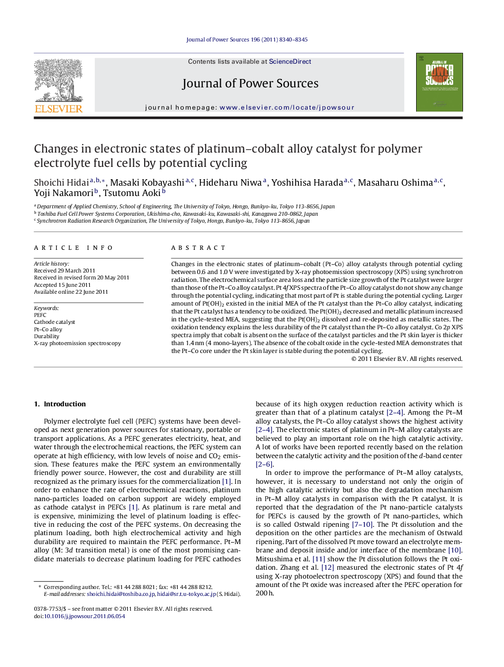 Changes in electronic states of platinum-cobalt alloy catalyst for polymer electrolyte fuel cells by potential cycling