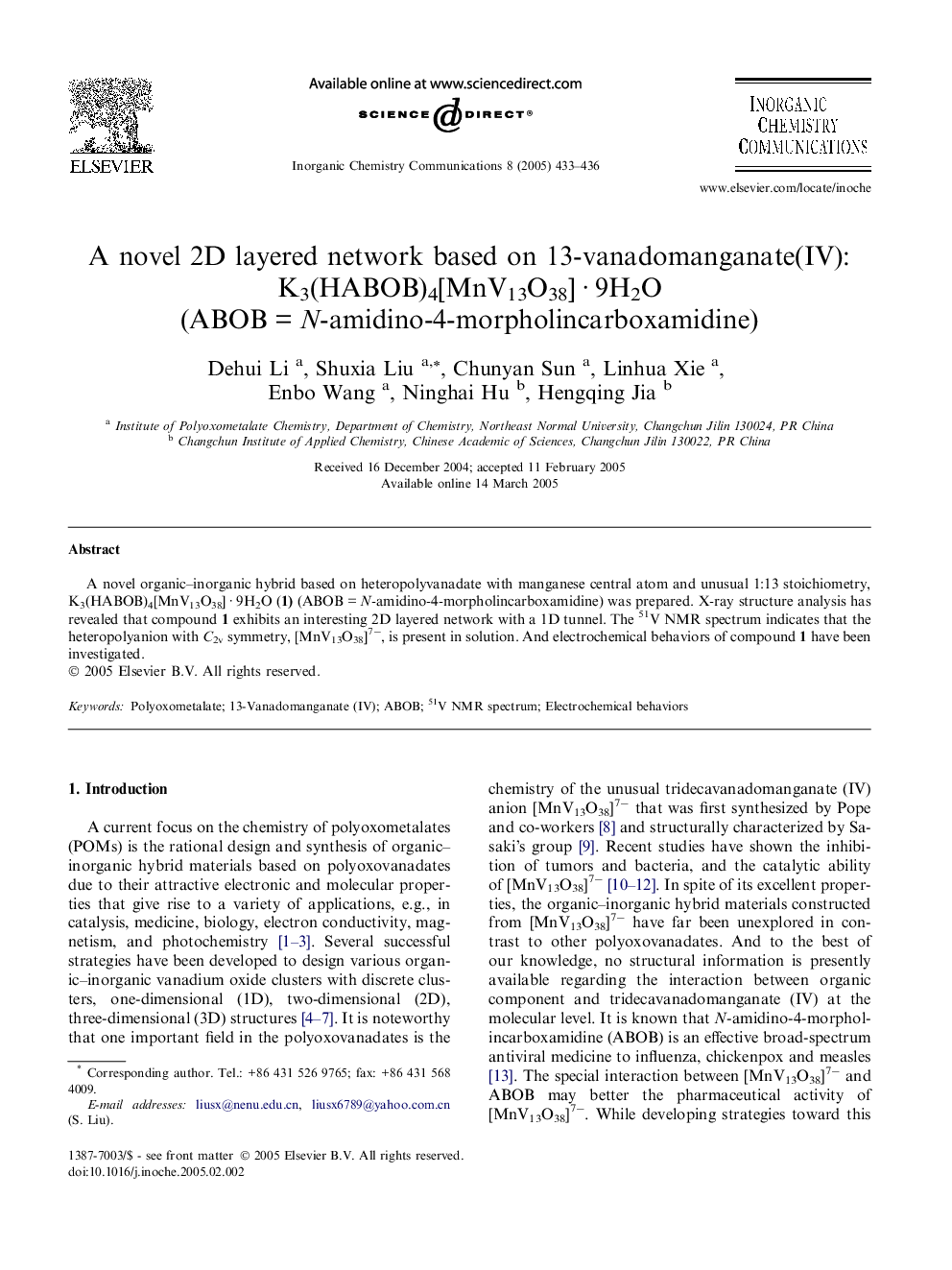 A novel 2D layered network based on 13-vanadomanganate(IV): K3(HABOB)4[MnV13O38]Â Â·Â 9H2O (ABOBÂ =Â N-amidino-4-morpholincarboxamidine)