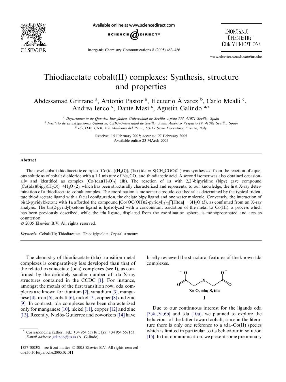 Thiodiacetate cobalt(II) complexes: Synthesis, structure and properties