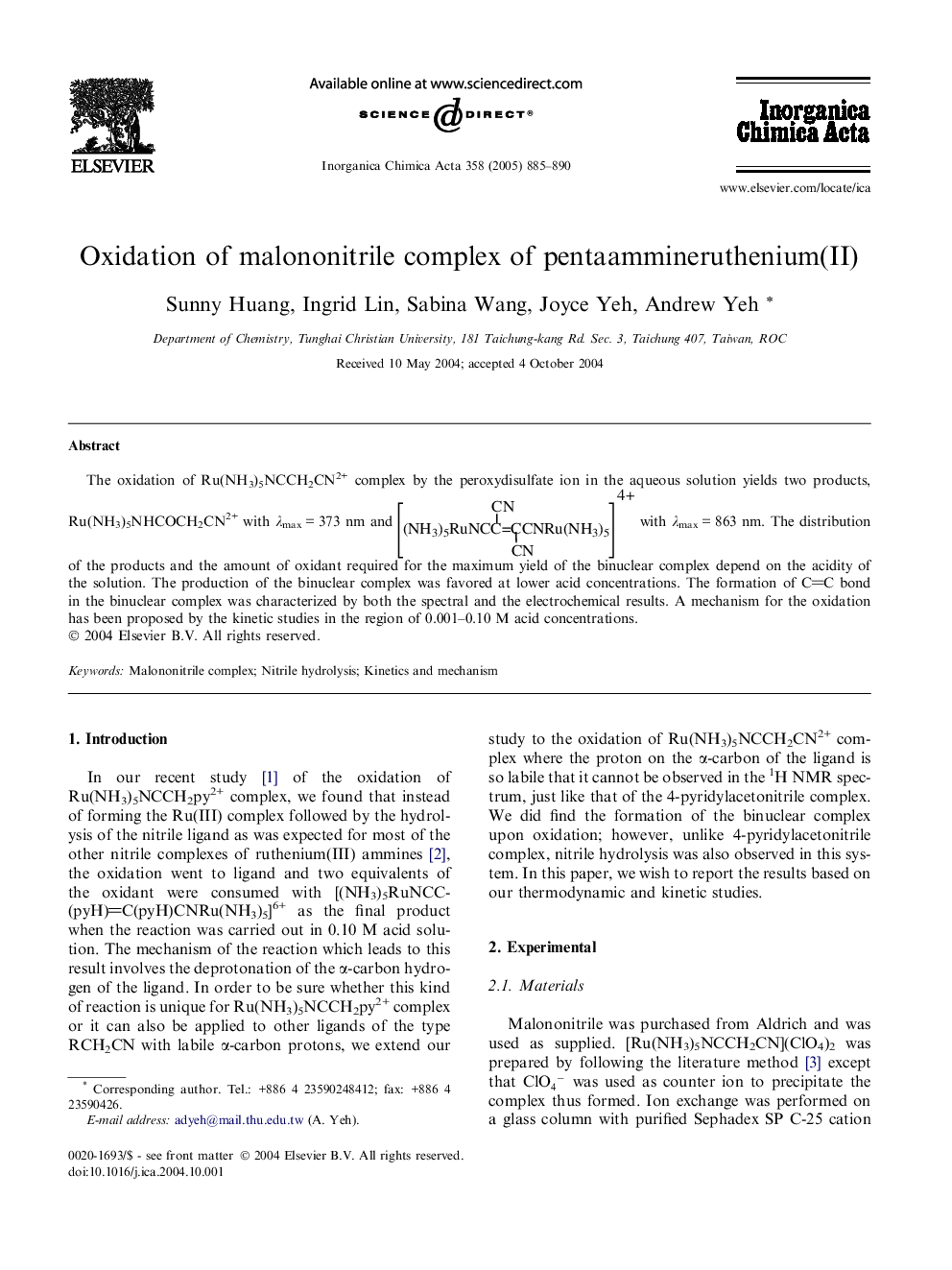 Oxidation of malononitrile complex of pentaammineruthenium(II)