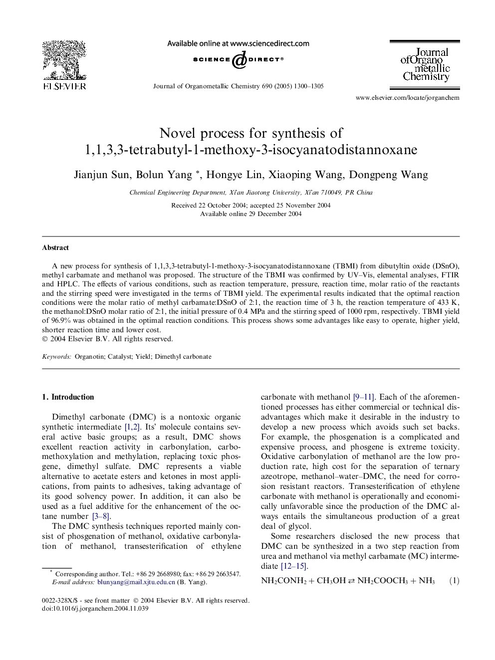 Novel process for synthesis of 1,1,3,3-tetrabutyl-1-methoxy-3-isocyanatodistannoxane