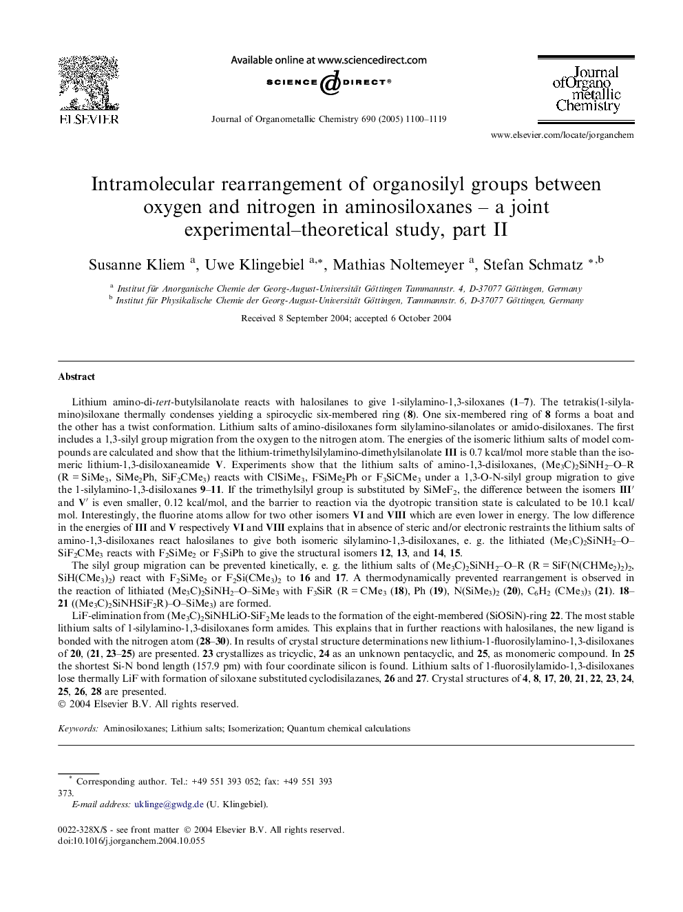 Intramolecular rearrangement of organosilyl groups between oxygen and nitrogen in aminosiloxanes - a joint experimental-theoretical study, part II