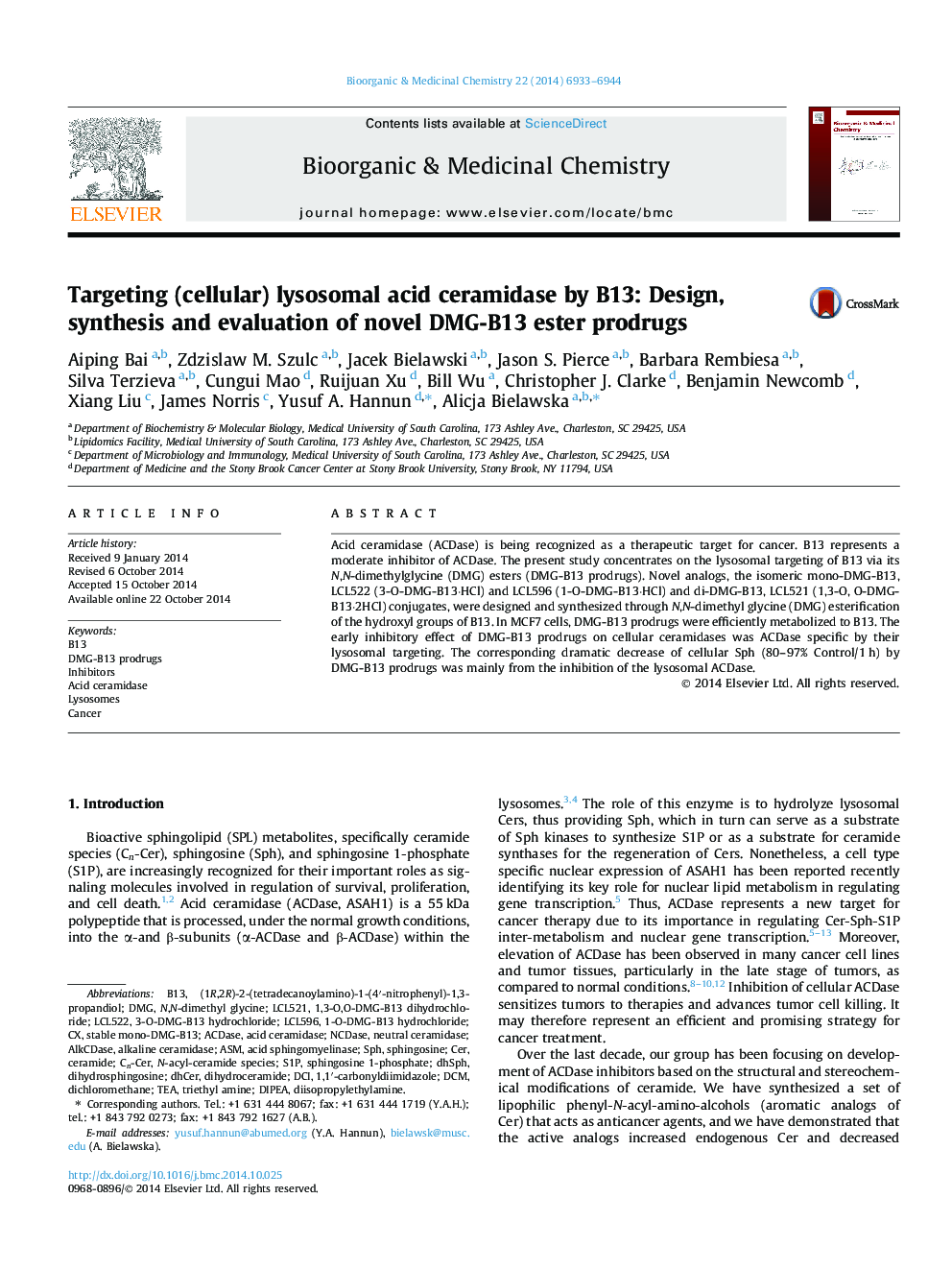Targeting (cellular) lysosomal acid ceramidase by B13: Design, synthesis and evaluation of novel DMG-B13 ester prodrugs