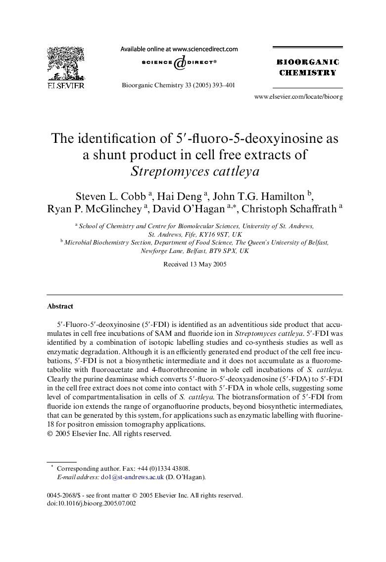 The identification of 5â²-fluoro-5-deoxyinosine as a shunt product in cell free extracts of Streptomyces cattleya