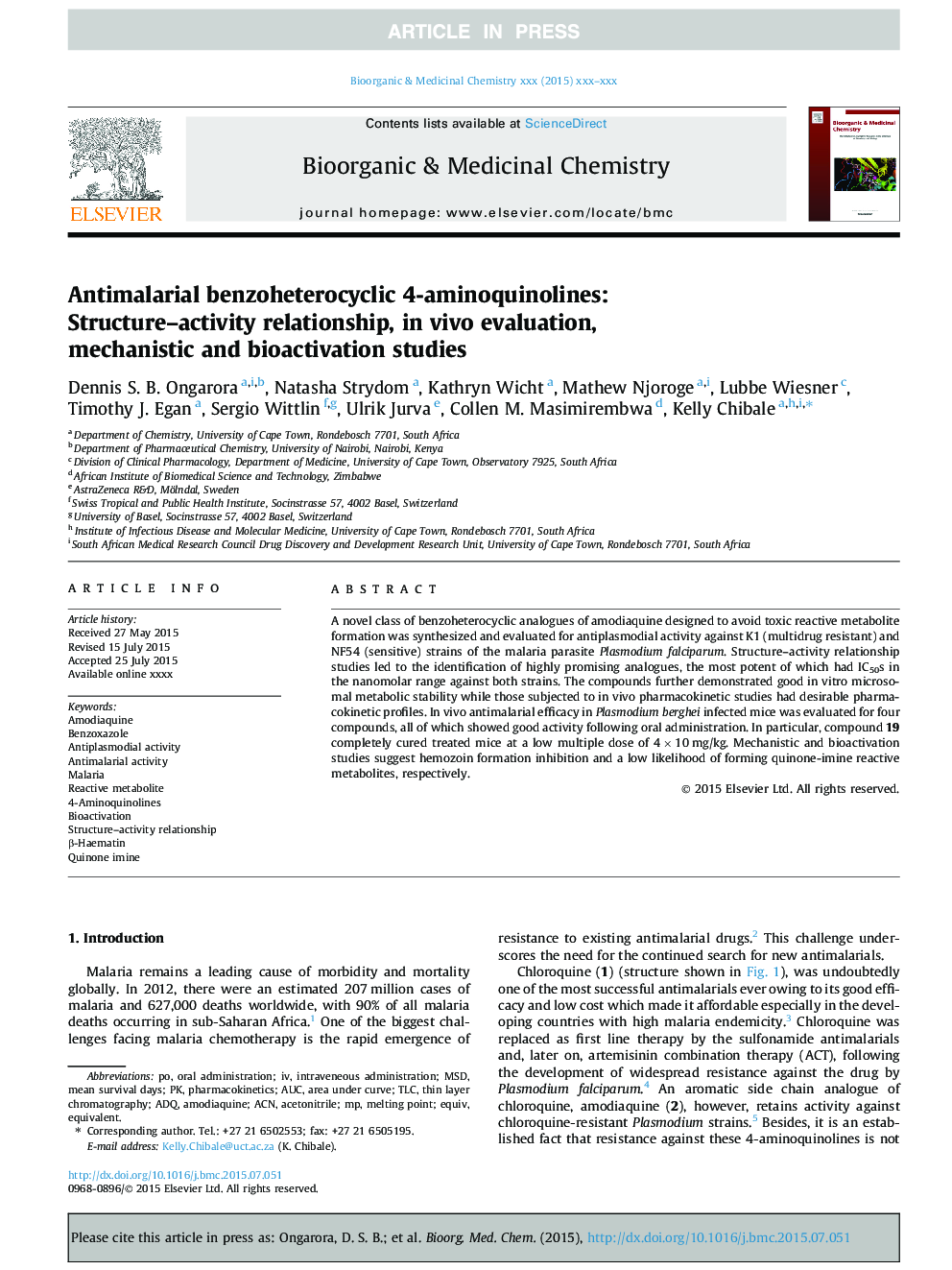 Antimalarial benzoheterocyclic 4-aminoquinolines: Structure-activity relationship, in vivo evaluation, mechanistic and bioactivation studies