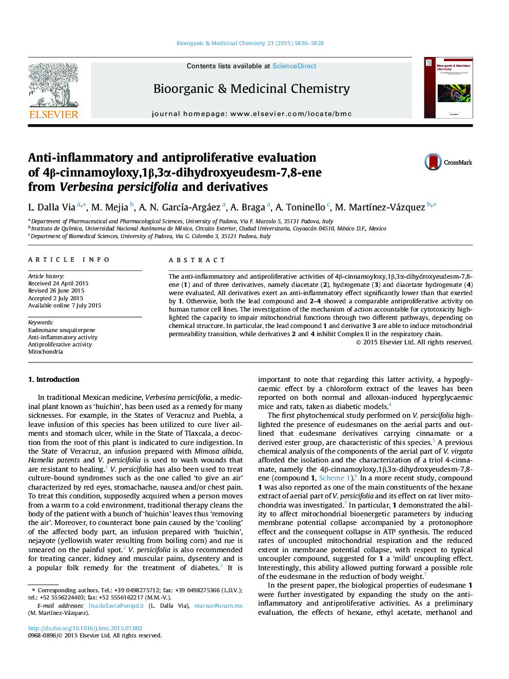 Anti-inflammatory and antiproliferative evaluation of 4Î²-cinnamoyloxy,1Î²,3Î±-dihydroxyeudesm-7,8-ene from Verbesina persicifolia and derivatives