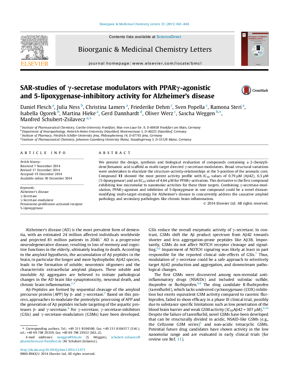 SAR-studies of Î³-secretase modulators with PPARÎ³-agonistic and 5-lipoxygenase-inhibitory activity for Alzheimer's disease