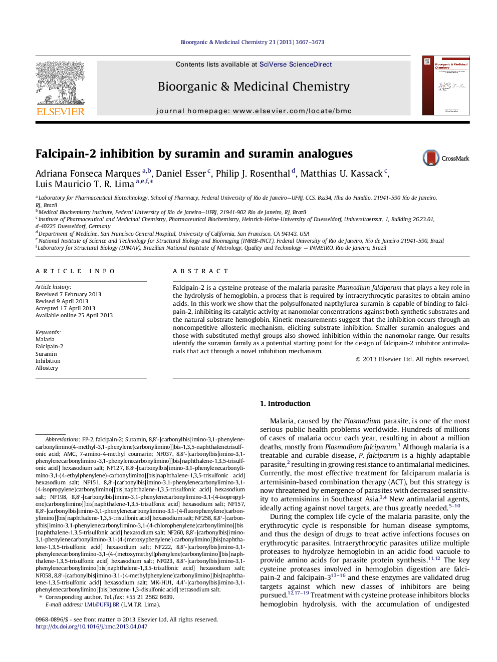 Falcipain-2 inhibition by suramin and suramin analogues