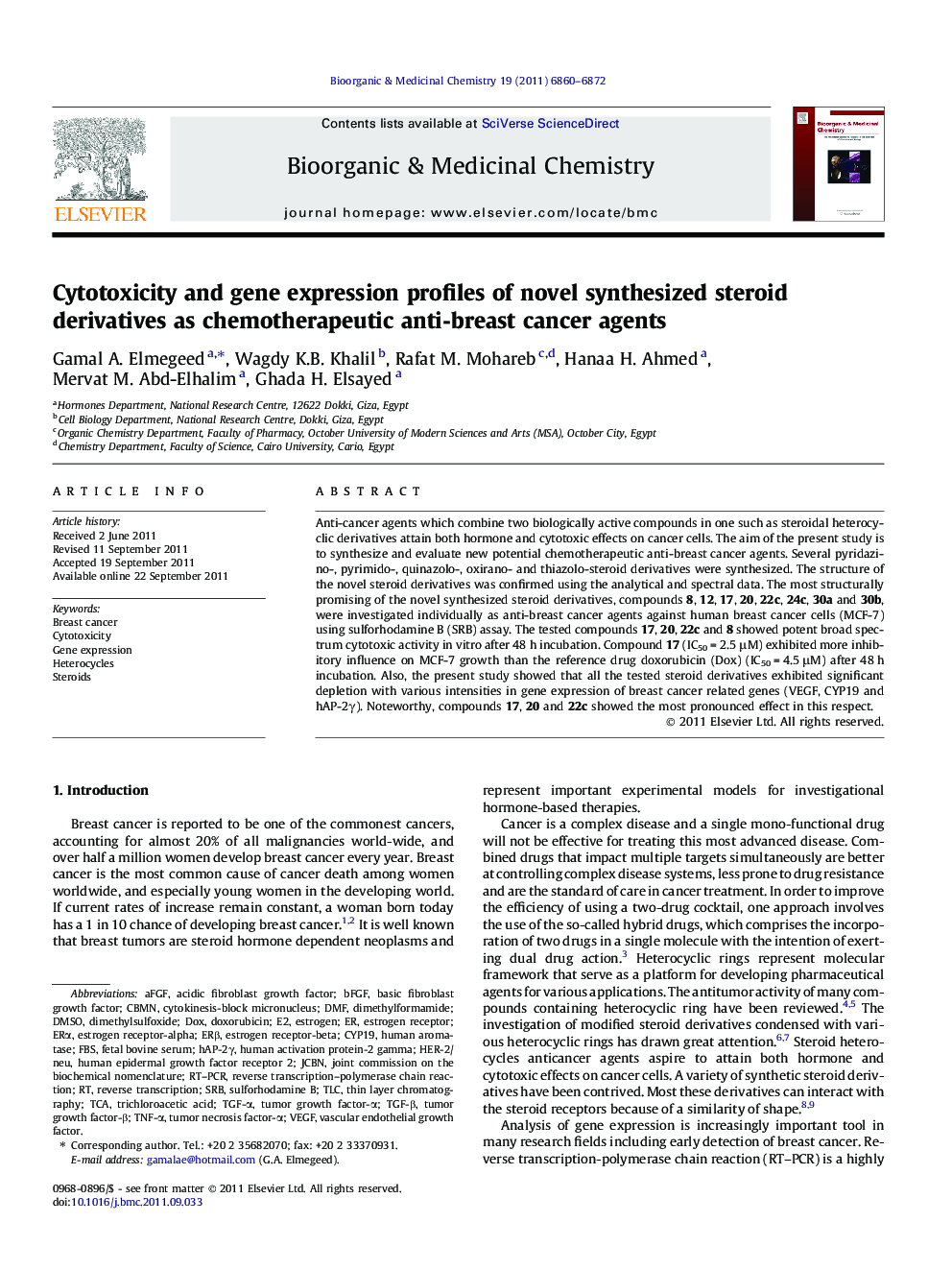 Cytotoxicity and gene expression profiles of novel synthesized steroid derivatives as chemotherapeutic anti-breast cancer agents