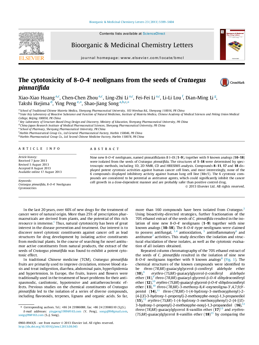 The cytotoxicity of 8-O-4â² neolignans from the seeds of Crataegus pinnatifida