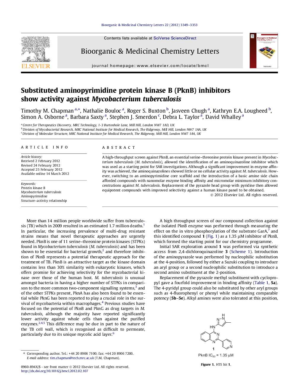 Substituted aminopyrimidine protein kinase B (PknB) inhibitors show activity against Mycobacterium tuberculosis