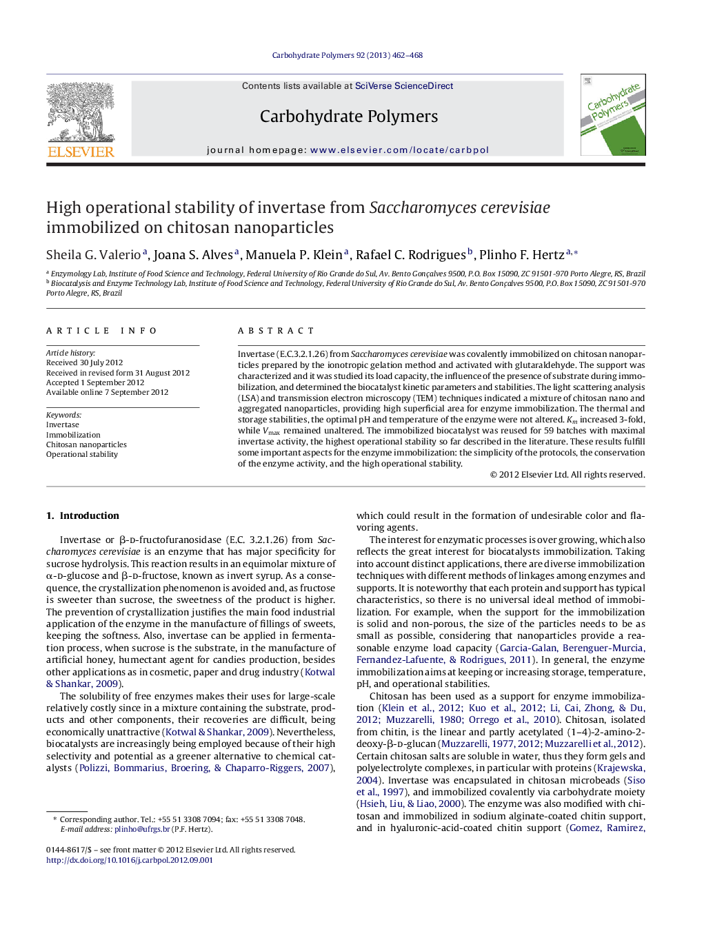 High operational stability of invertase from Saccharomyces cerevisiae immobilized on chitosan nanoparticles