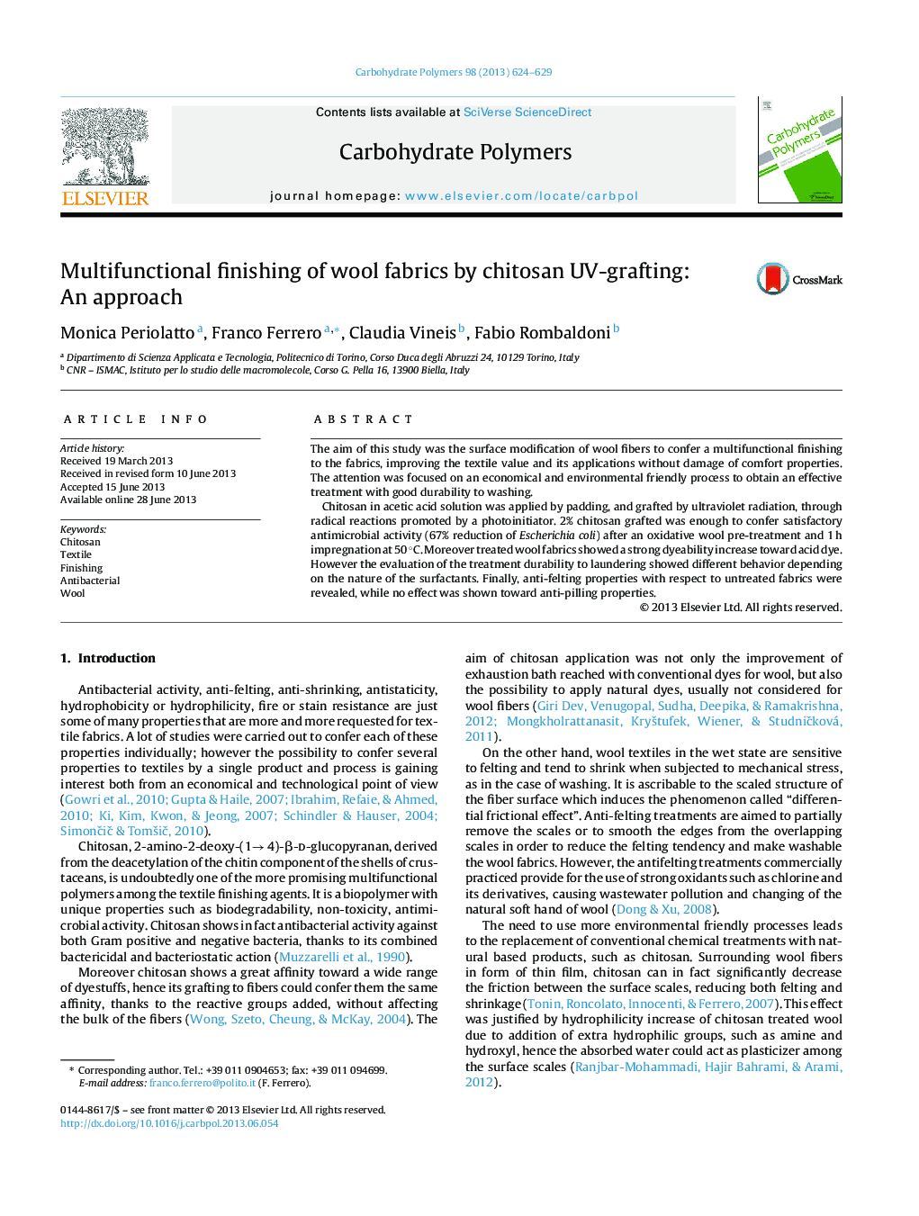 Multifunctional finishing of wool fabrics by chitosan UV-grafting: An approach