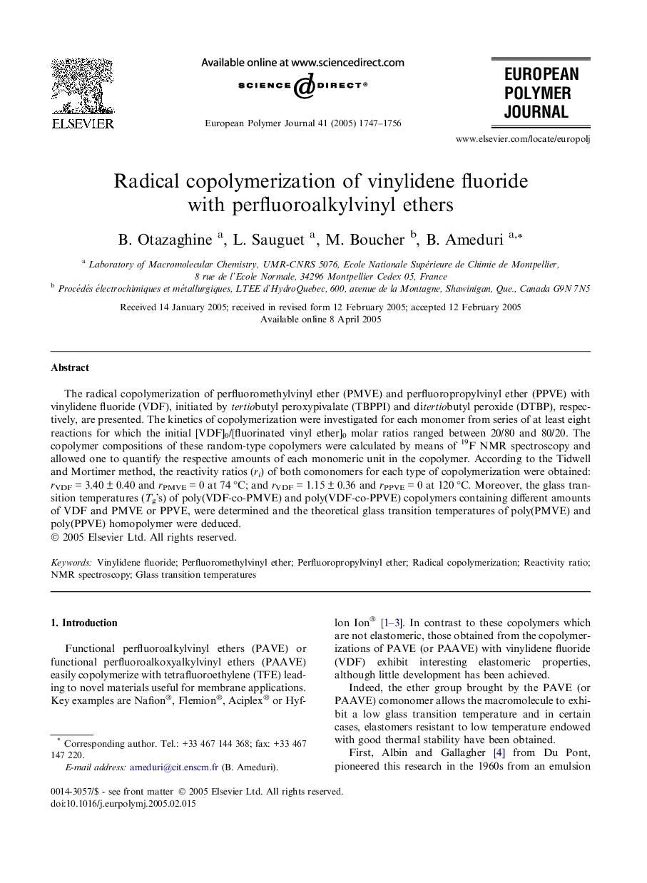 Radical copolymerization of vinylidene fluoride with perfluoroalkylvinyl ethers