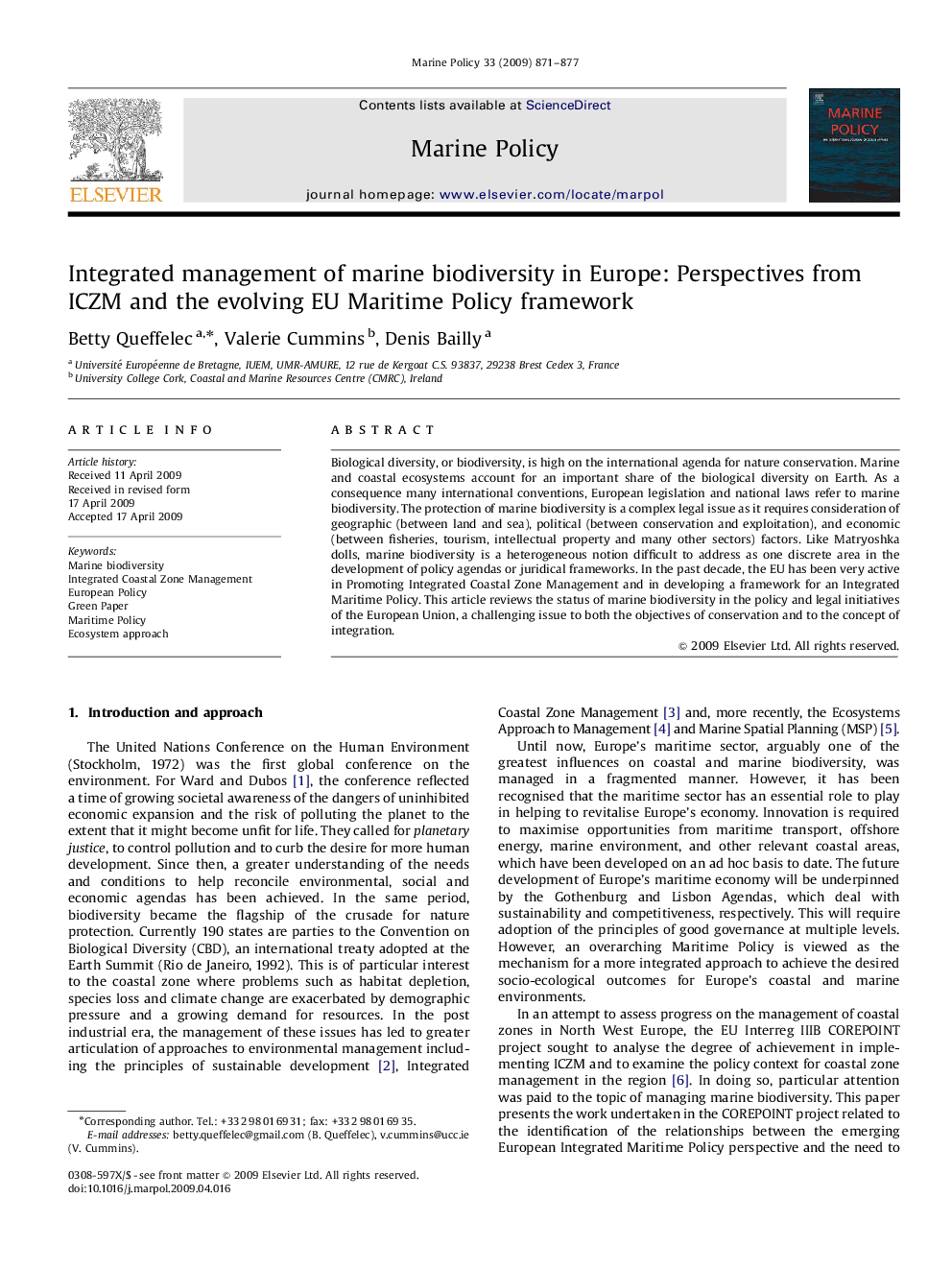 Integrated management of marine biodiversity in Europe: Perspectives from ICZM and the evolving EU Maritime Policy framework