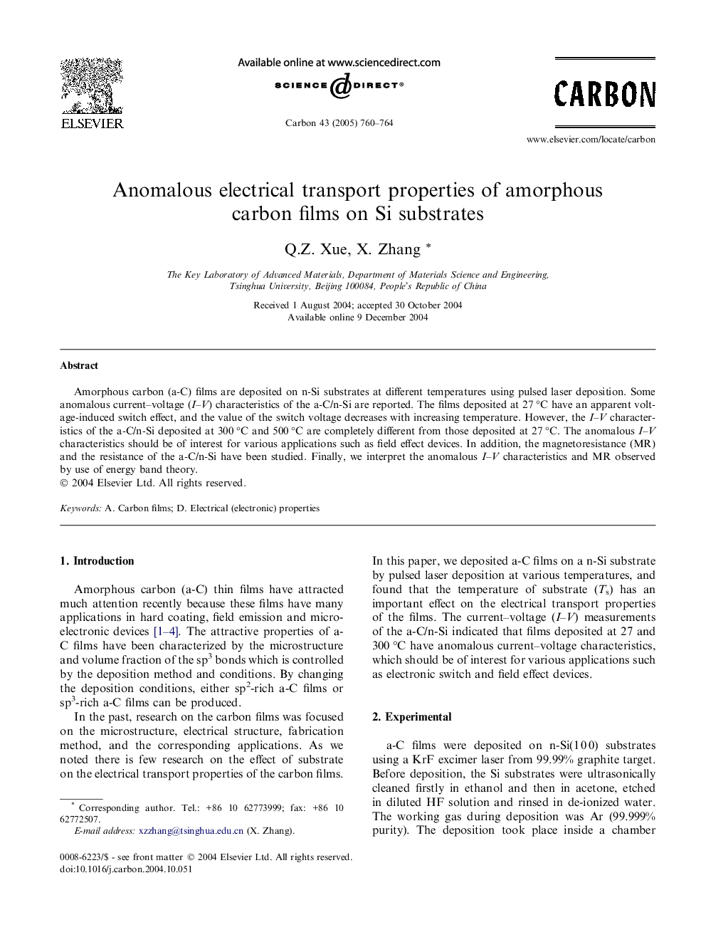 Anomalous electrical transport properties of amorphous carbon films on Si substrates