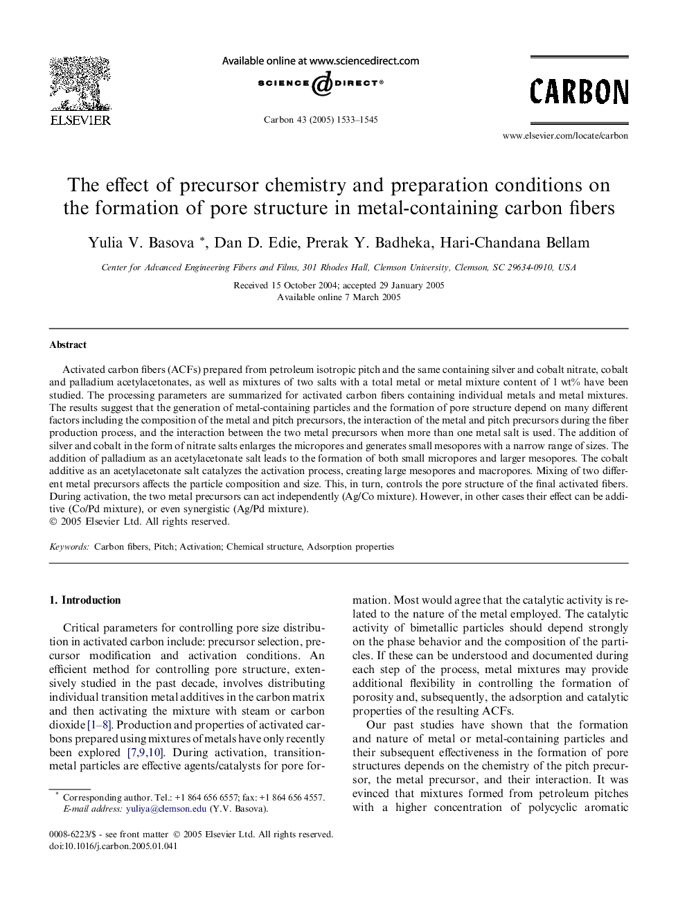 The effect of precursor chemistry and preparation conditions on the formation of pore structure in metal-containing carbon fibers