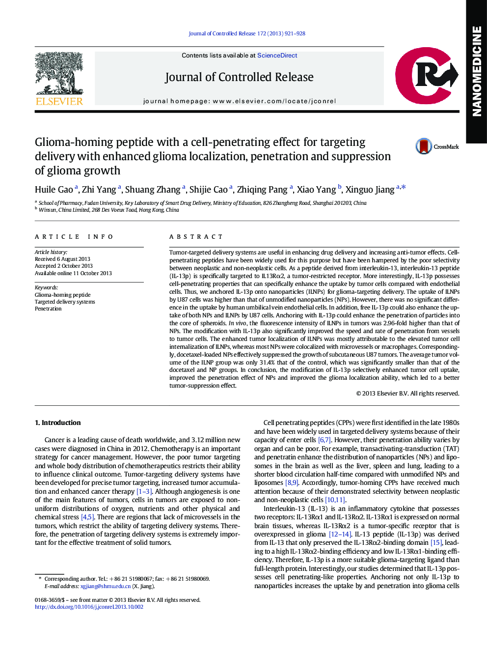 Glioma-homing peptide with a cell-penetrating effect for targeting delivery with enhanced glioma localization, penetration and suppression of glioma growth