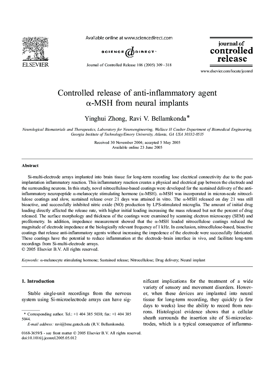 Controlled release of anti-inflammatory agent Î±-MSH from neural implants