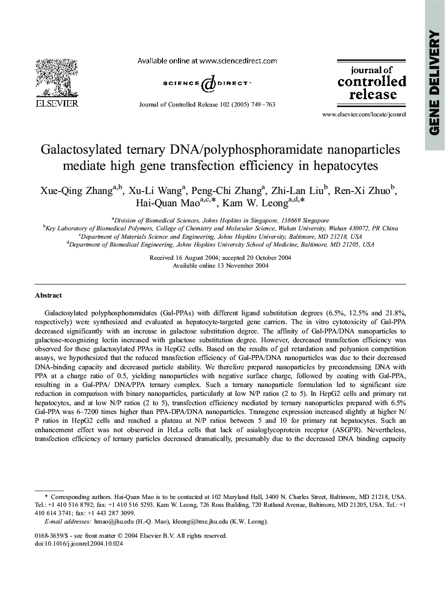 Galactosylated ternary DNA/polyphosphoramidate nanoparticles mediate high gene transfection efficiency in hepatocytes