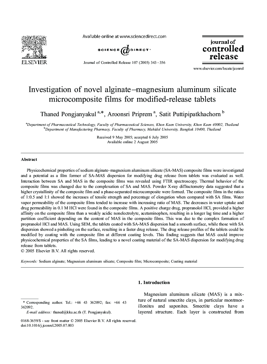 Investigation of novel alginateâmagnesium aluminum silicate microcomposite films for modified-release tablets