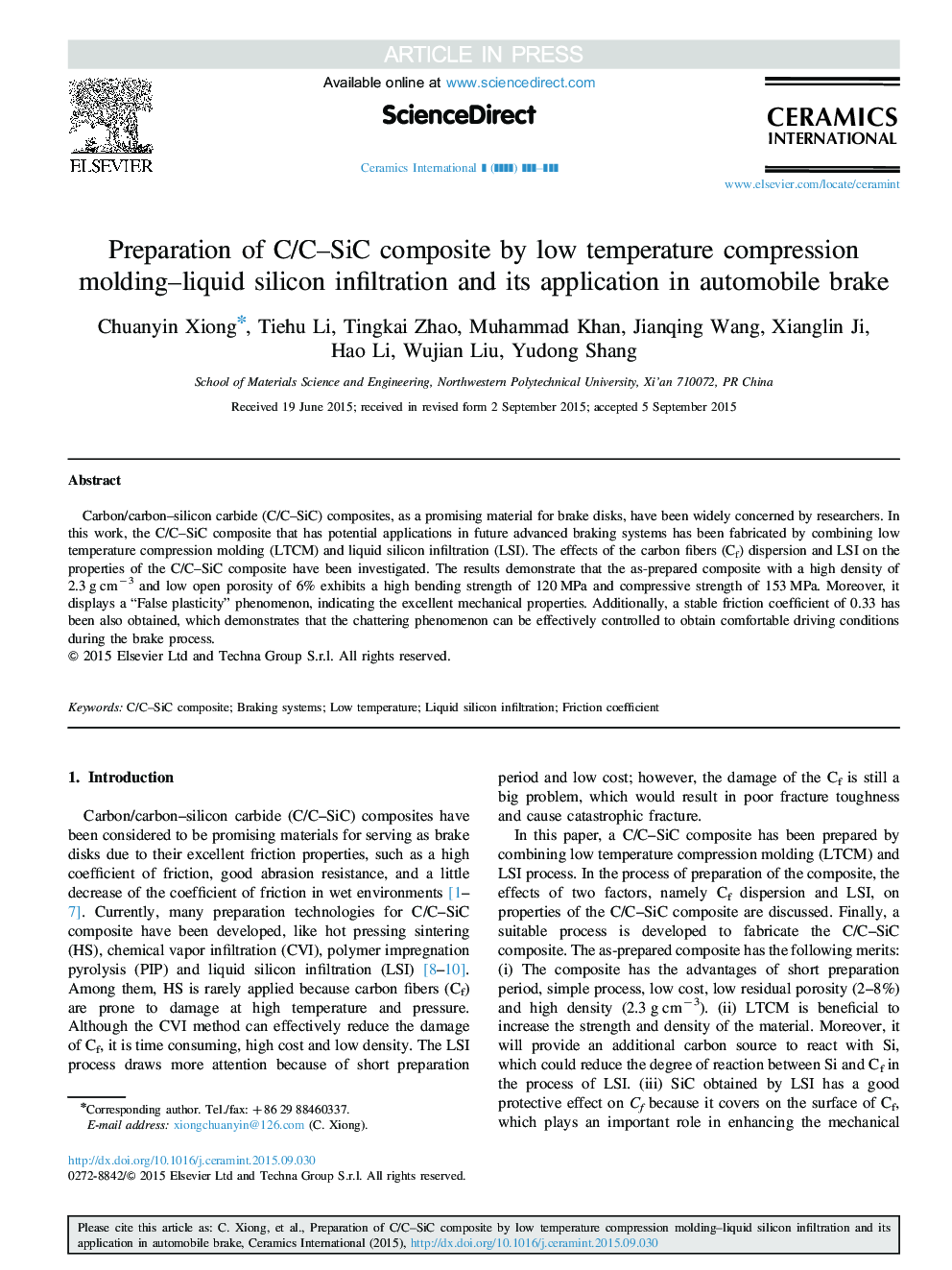 Preparation of C/C-SiC composite by low temperature compression molding-liquid silicon infiltration and its application in automobile brake
