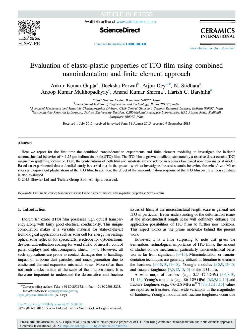 Evaluation of elasto-plastic properties of ITO film using combined nanoindentation and finite element approach