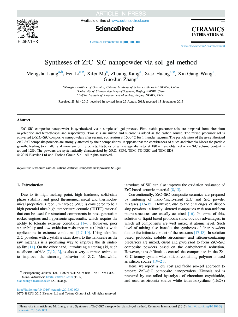 Syntheses of ZrC-SiC nanopowder via sol-gel method