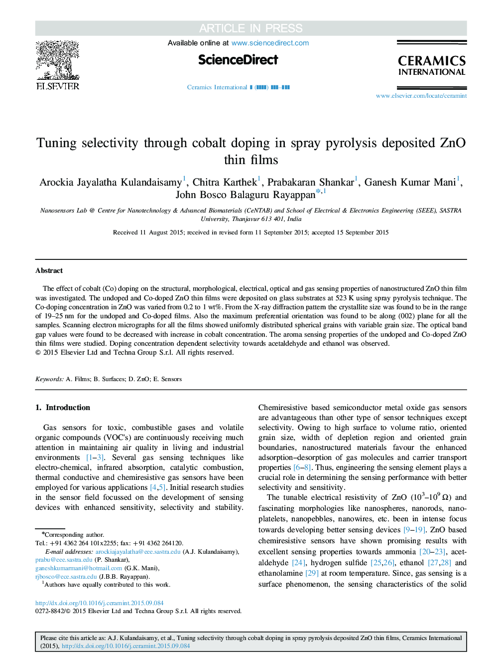 Tuning selectivity through cobalt doping in spray pyrolysis deposited ZnO thin films