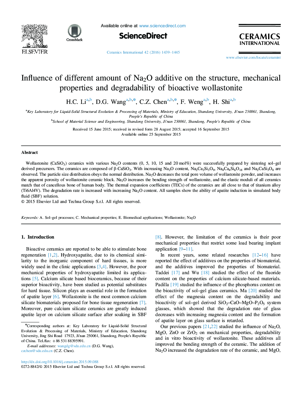 Influence of different amount of Na2O additive on the structure, mechanical properties and degradability of bioactive wollastonite