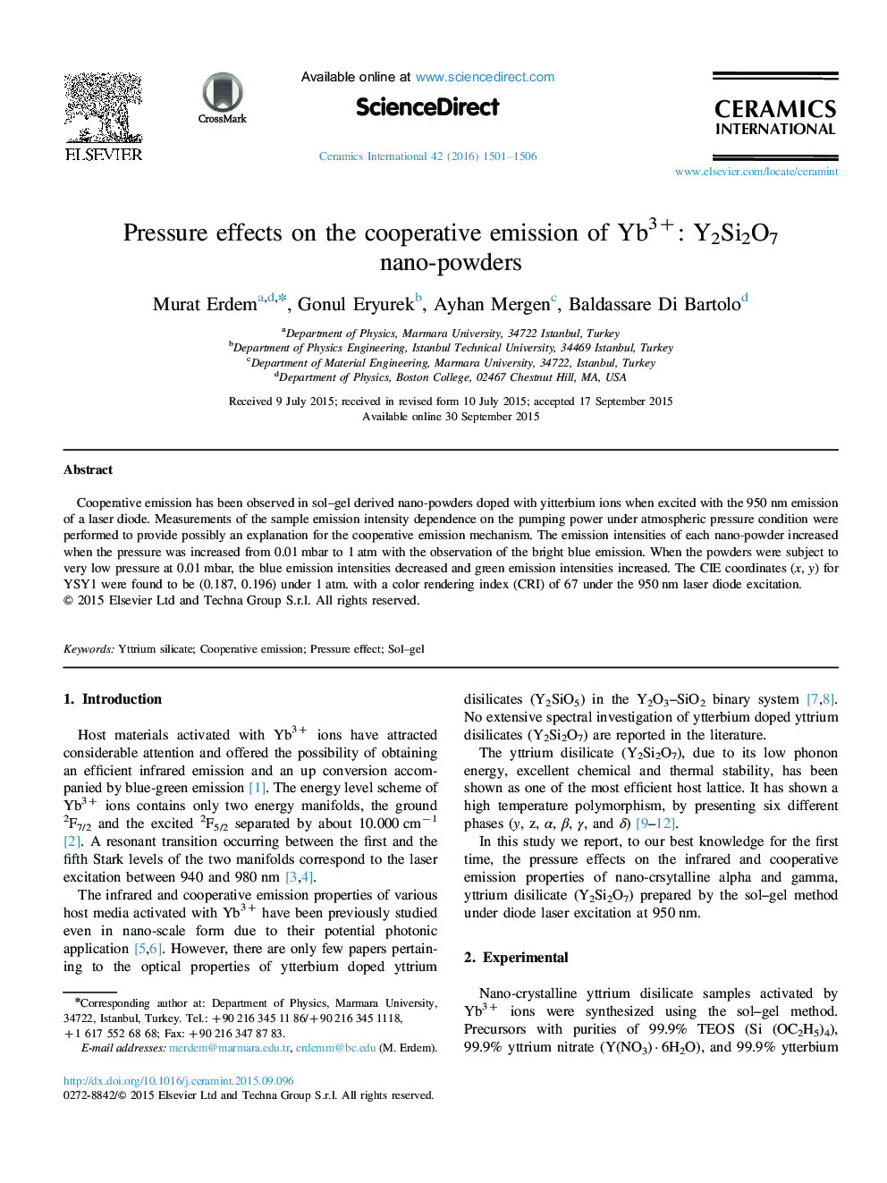 Pressure effects on the cooperative emission of Yb3+: Y2Si2O7 nano-powders