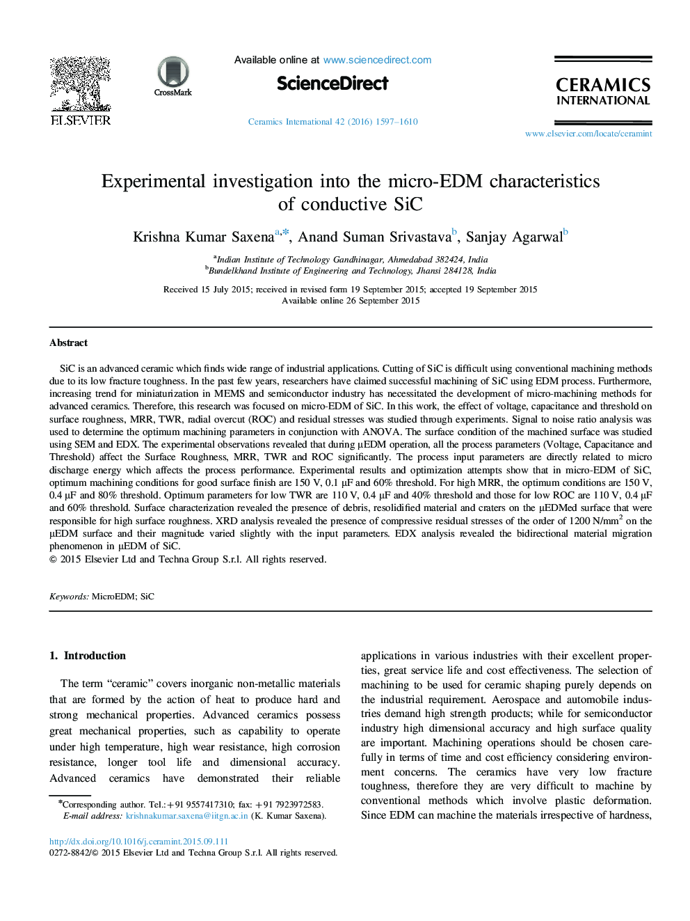 Experimental investigation into the micro-EDM characteristics of conductive SiC