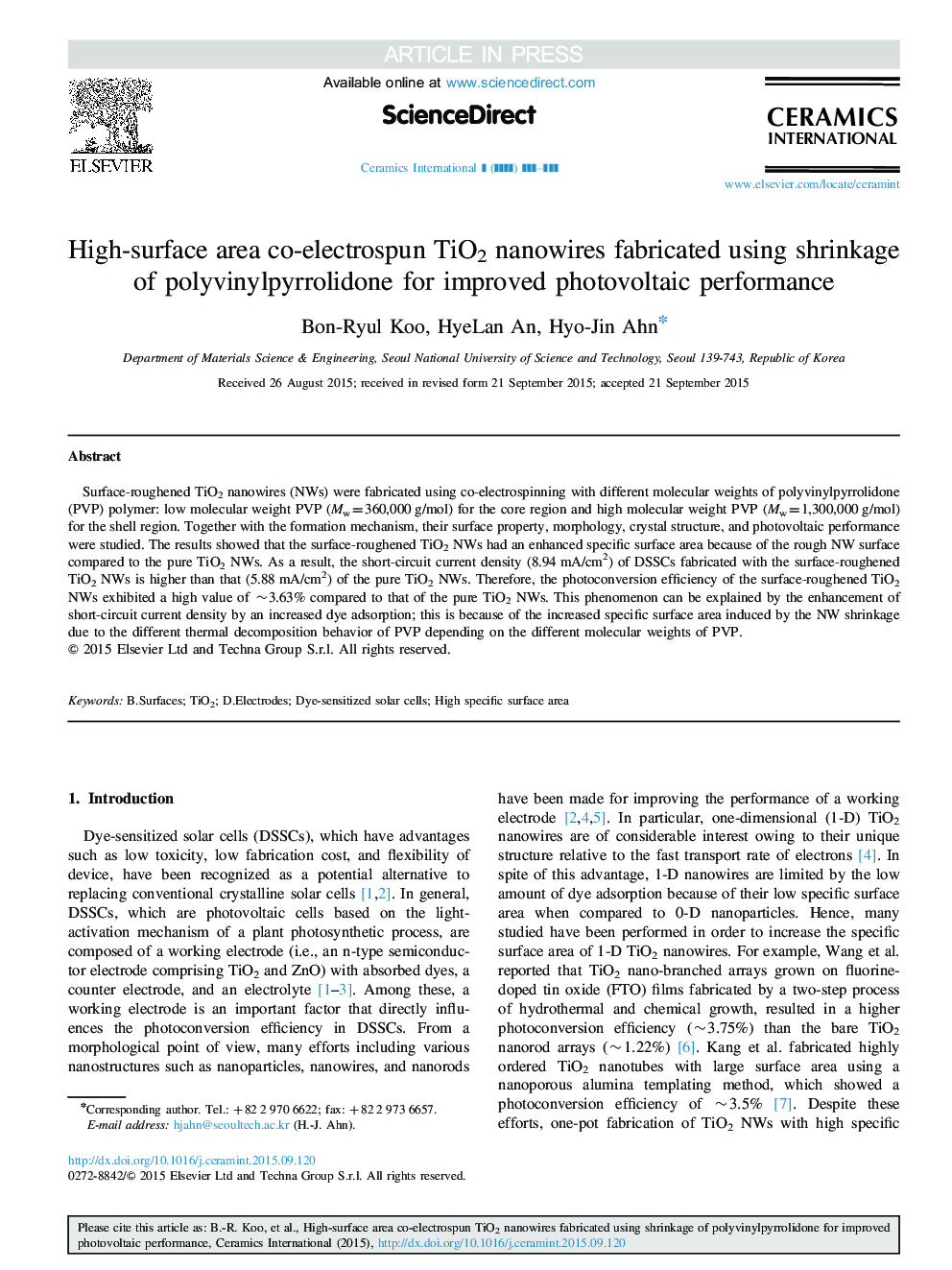 High-surface area co-electrospun TiO2 nanowires fabricated using shrinkage of polyvinylpyrrolidone for improved photovoltaic performance