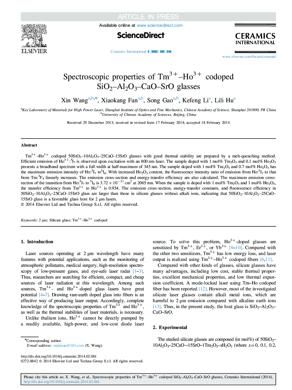 Spectroscopic properties of Tm3+-Ho3+ codoped SiO2-Al2O3-CaO-SrO glasses